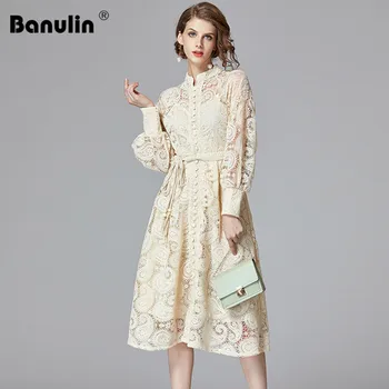 

Banulin High Quality 2020 Fashion New Attached Belt Hollow Out Lace Midi Dresses Women Lantern Long Sleeve Female Dresses