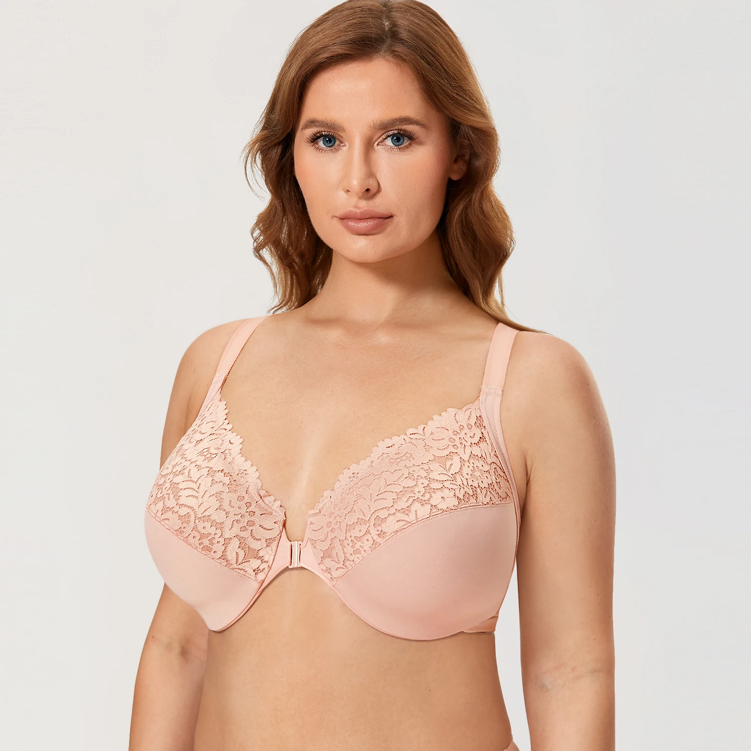 Women's Plus Size Lace Racerback Front Closure Bra Full Figure T-shirt Bras For Women No Padding Underwire Female Lingerie