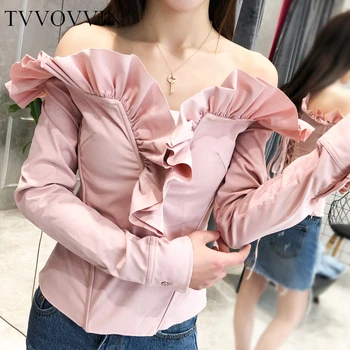 

TVVOVVIN Women Shirt Slash Neck Ruffles Cotton Womens Tops Blouses Pink Black Irregular Vintage Sexy Women Tops 2020 Summer X296