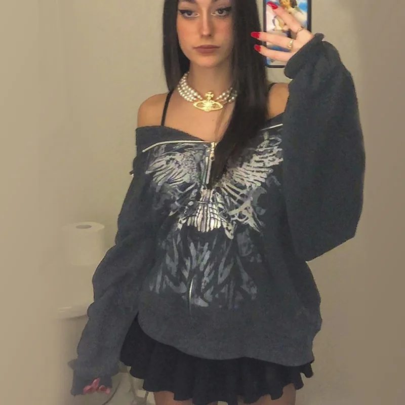 Women´s Y2K Print Oversized Sweatshirt Zip Up Hoodies Coat Long Sleeve Streetwear BF Style Jacket