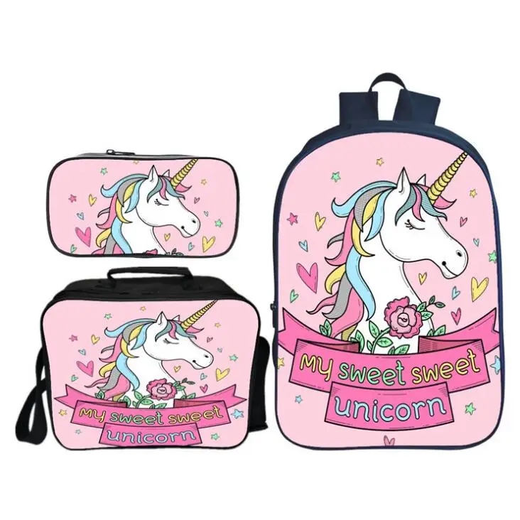 

3pcs/set Children Unicorn Printing Backpack Students Book Bag with Purse Case Bagpack Kids School Bag for Teenager Girls