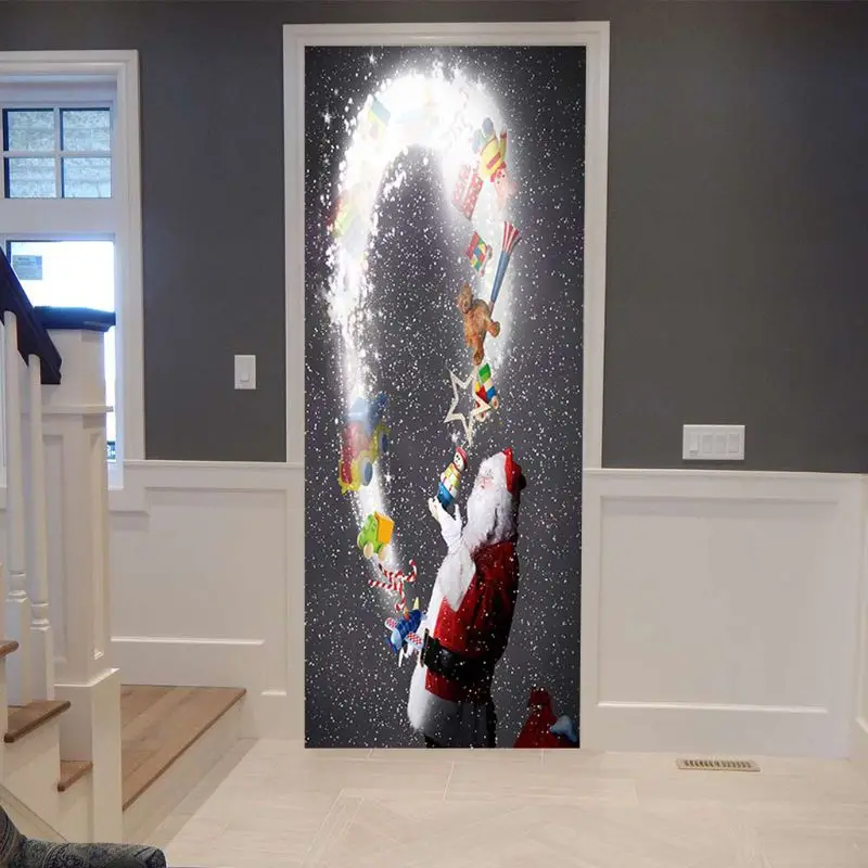 2 шт 77x200 см 3D рождественские наклейки на дверь для гостиной спальни ПВХ самоклеющиеся обои для домашнего декора водостойкие настенные наклейки