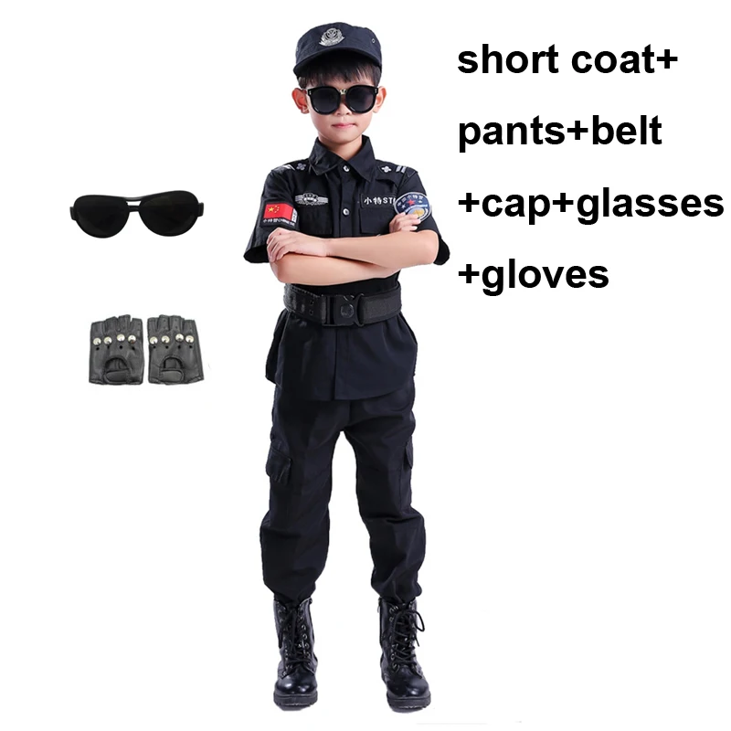 Short set hat gloves New Boy Cosplay for Policemen Kids Army Police Uniform Performance Policemen Costumes Coat+Pant+Belt+Cap Special Police Clothing - Цвет: Short set hat gloves