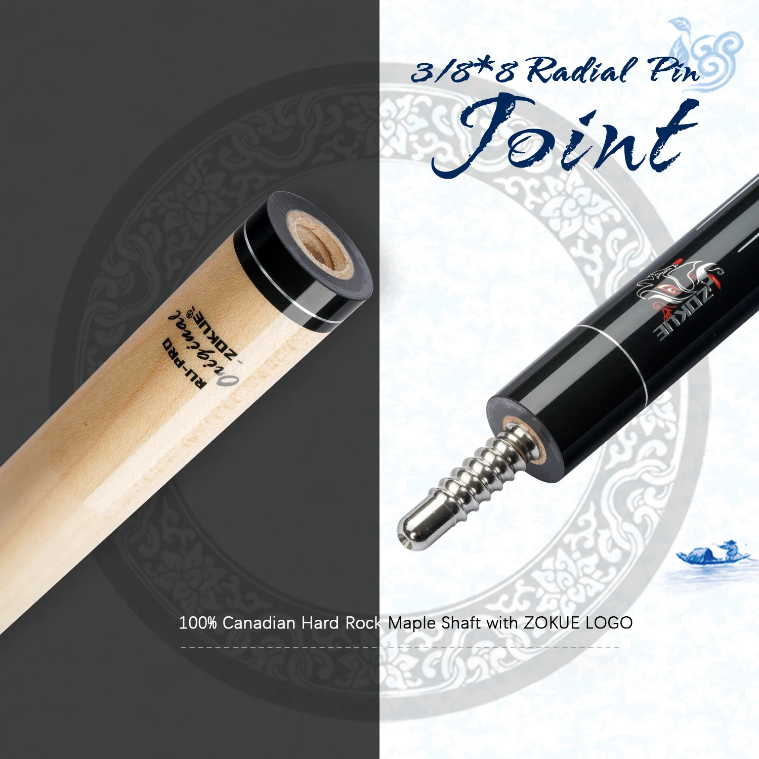 ZOKUE-Billiard Cue with Bolt for Tall Man, Radial Pin, Pool Cue Stick Featured Canadian Maple, 160cm, 12.75mm