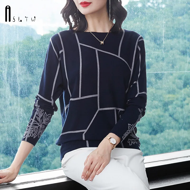 

ASLTW Geometric Print Sweater Woman Winter 2019 High Quality Long Sleeve Pullovers Jumper Plus Size O Neck Soft Sweater