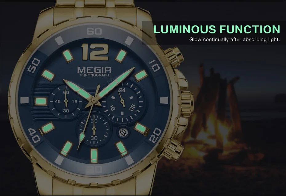 Relogio Masculino MEGIR New Black Stainless Steel Mens Quartz Watches Top Brand Luxury Luminous Waterproof Quartz Man Watch