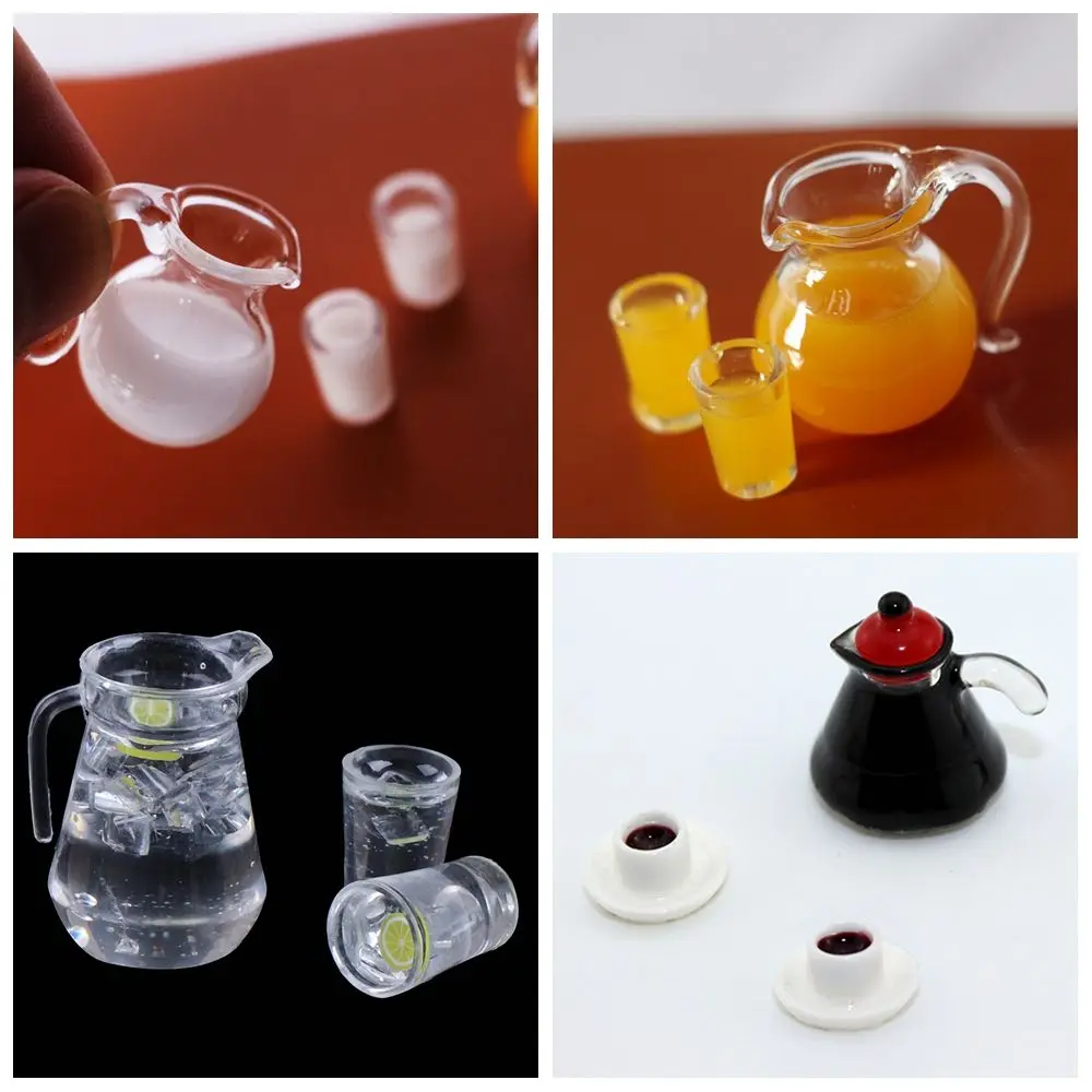 1Set 1/12 Scale Simulation Miniature Drinks Jug Cup Coffee Milk Lemon Water Orange Juice Drinking Model Doll Accessories