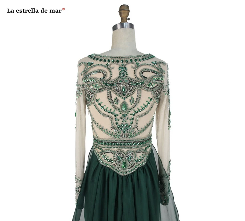 Abschlussballkleid Новое Кружевное шифоновое платье с кристаллами и длинными рукавами трапециевидной формы фиолетового, красного и зеленого цветов платье для выпускного Шампань настоящая фотография vestido formatur
