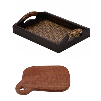 

Rattan Bamboo Tea/Oil Trays Dessert/Coffee/Fruits Plate 27.8 x 20.4 x 4cm & Black Walnut Chopping Board Cutting Board
