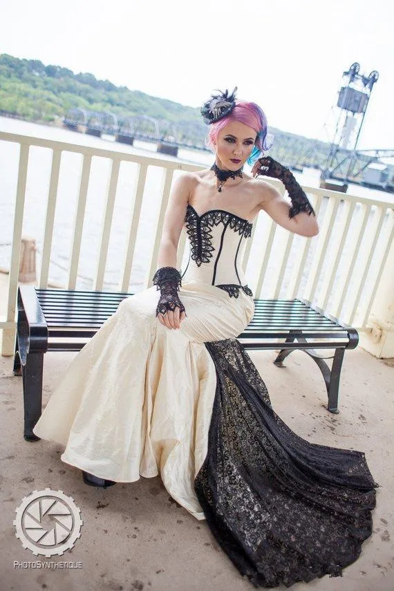 Vintage Mermaid Gothic Trouwjurken 2020 Sweetheart Lace-up Corset Steampunk Halloween Kant Stain Jurk robe de mariee Vintage Mermaid Gothic Trouwjurken 2020 Sweetheart Lace-up Corset Steampunk Halloween Kant Stain Jurk robe de mariee