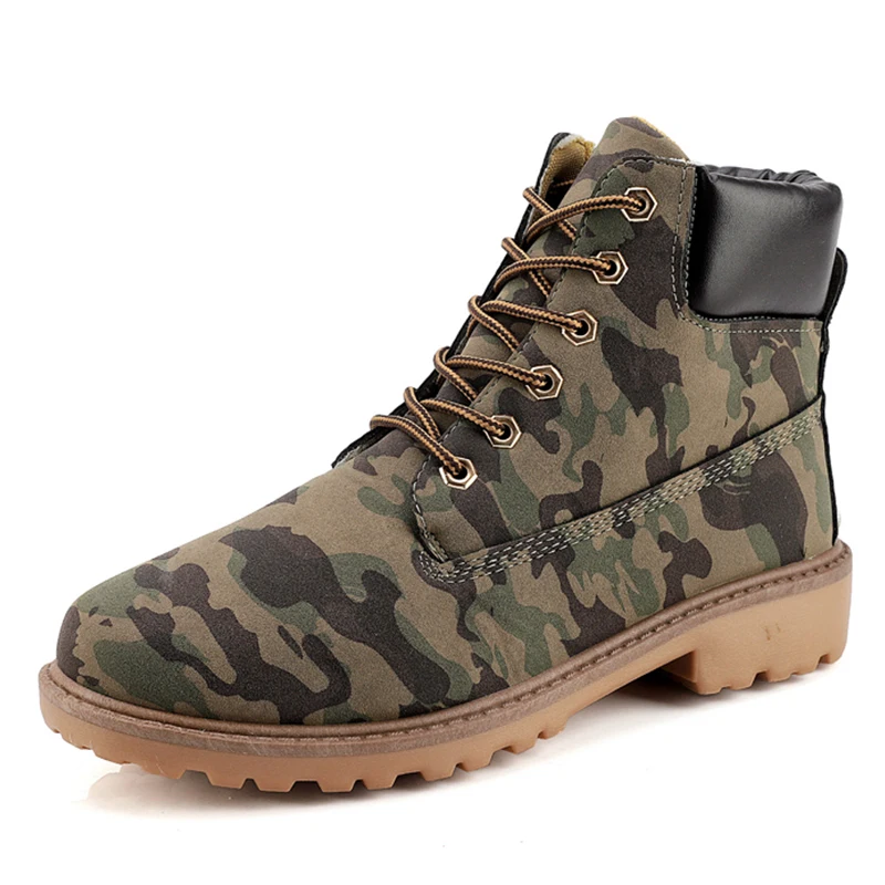 Camo Камуфляжные кожаные ботинки для мужчин; зимняя обувь; теплые плюшевые зимние ботинки; мужские Нескользящие ботильоны на платформе; модная обувь на плоской подошве со шнуровкой - Цвет: Camo