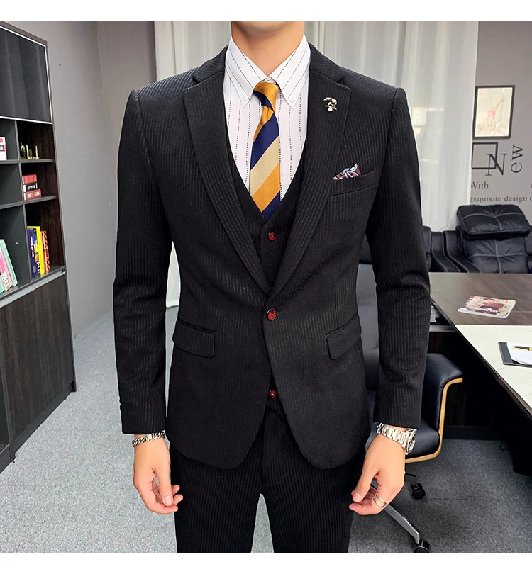 Plyesxale Slim Fit черный красный темно-синий свадебные костюмы для мужчин роскошный костюм в полоску из трех частей мужские осенние костюмы Формальные Q893