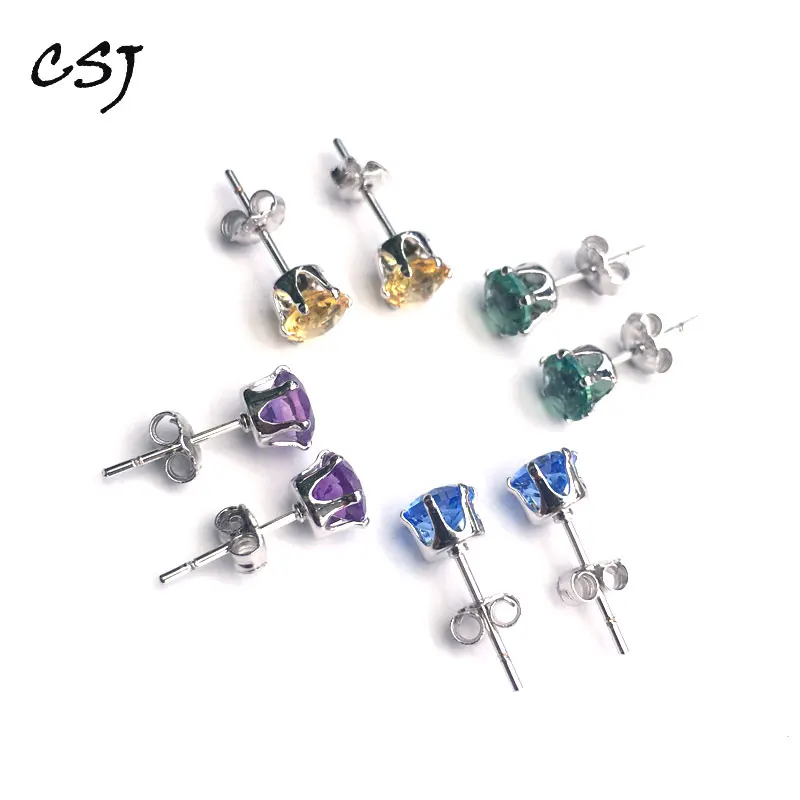 

CSJ natural amethyst or citrine or topaz Stud Sterling 925 Silver Earring Fine Jewelry Women Lady Wedding Engagment Party gift
