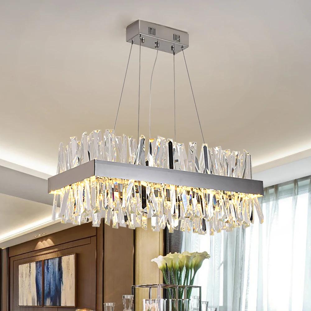 

Modern Hanging Chandelier For Dining Room Luxury Rectangle Kitchen Island Crystal Lamps Chrome/Gold Led Home Decor Light Fixture
