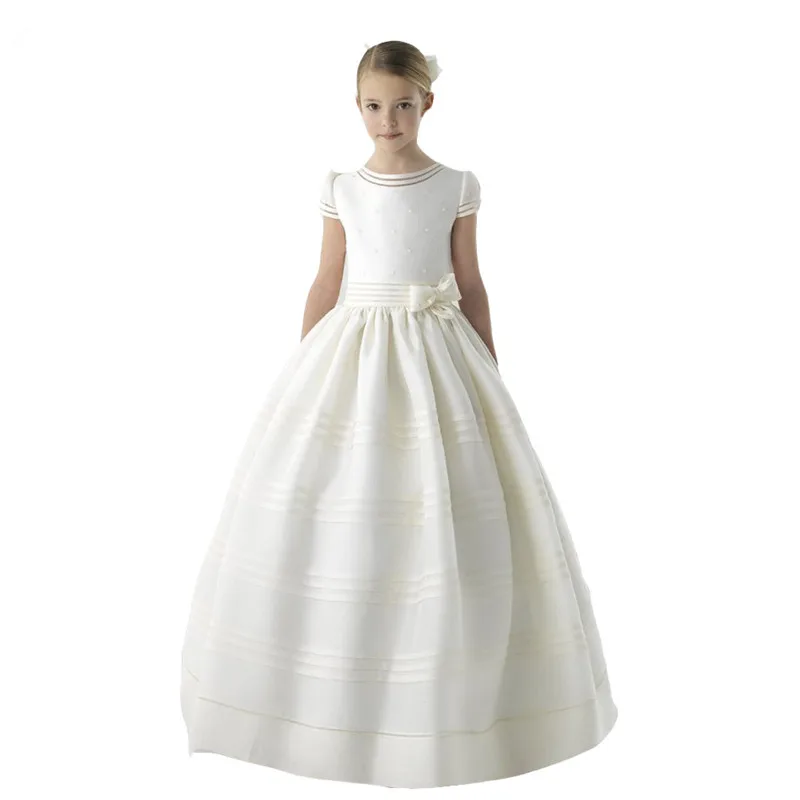 13New Arrival Flower Girl Dress 2019 First Communion Dresses For Girls Short Sleeve Belt With Flowers Customized