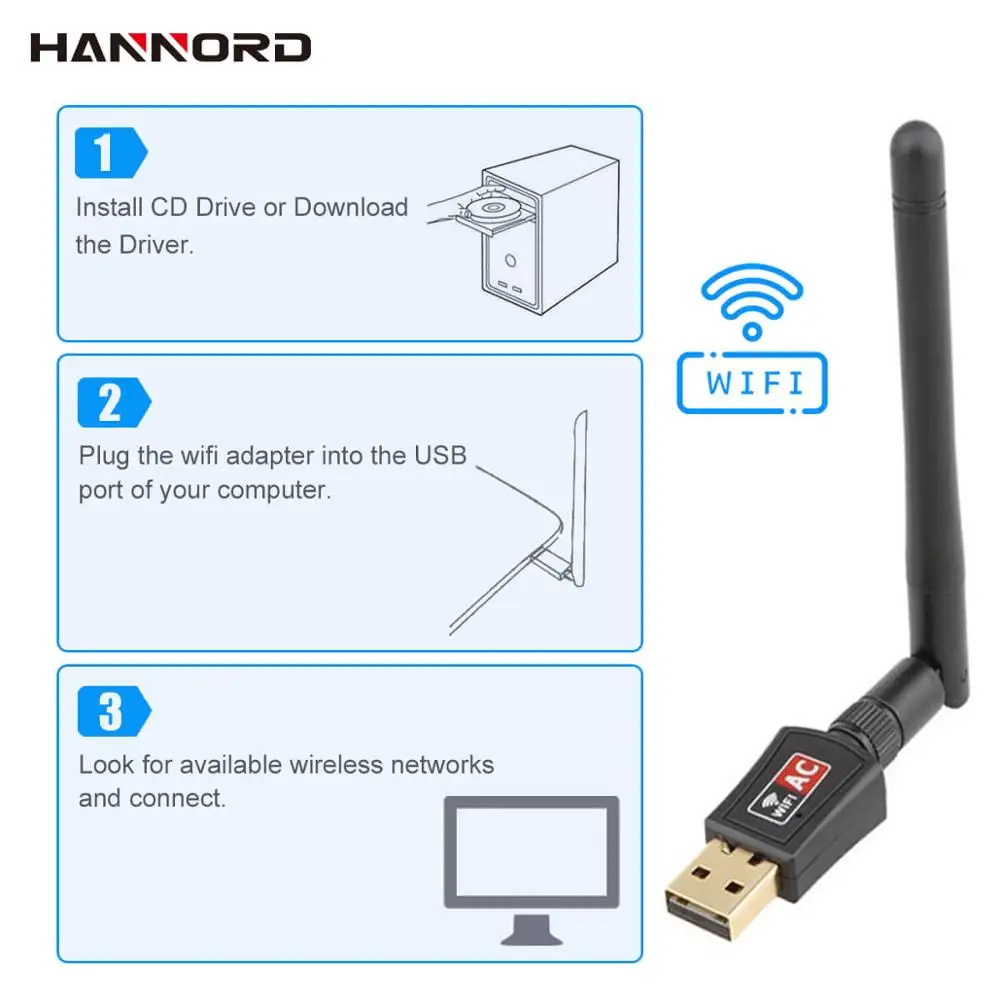Hannord WiFi адаптер AC600M двухдиапазонный 5G/2,4 GHz беспроводной USB адаптер Сетевая карта Wifi приемник USB Ethernet LAN адаптер для ПК