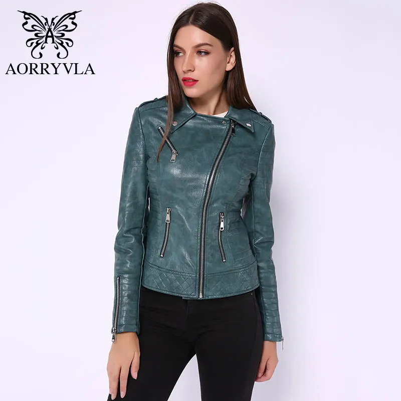 

AORRYVLA 2019 New Fashion Women Leather Jacket Motorcycle PU Leather Coat Black Turn-Down Collar Short Slim Zippers Ladies Jacket