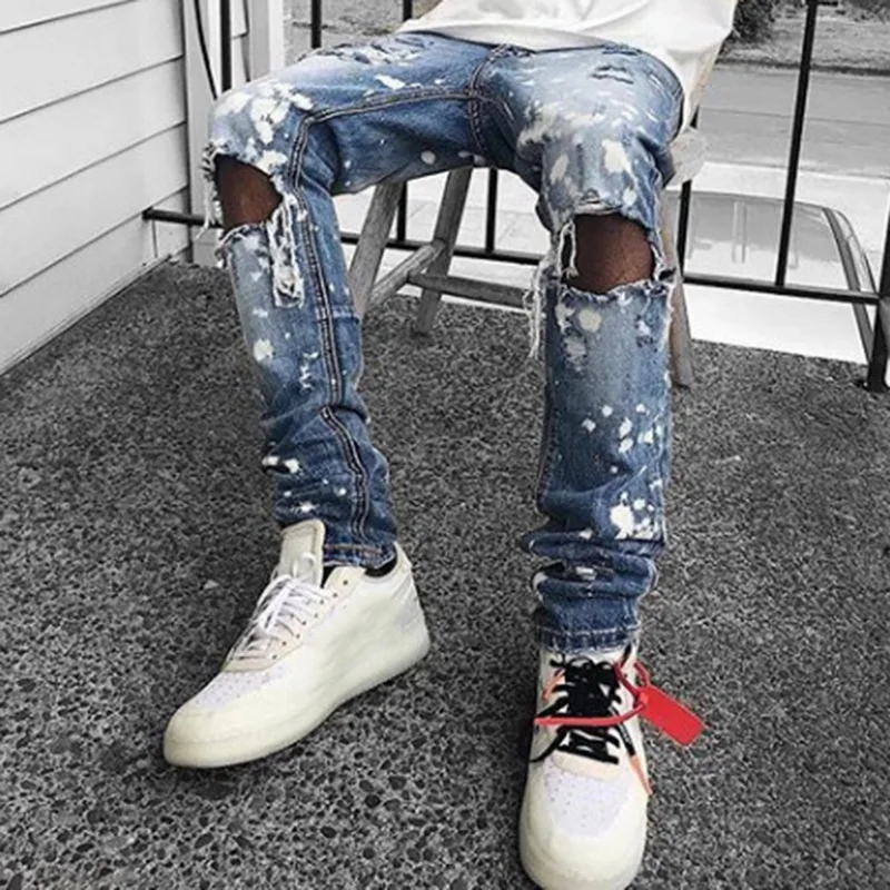 

Men's Ripped Skinny Distressed Destroyed Jeans Male Slim Fit Stretch Biker Jeans Pants with Holes Autumn Denim Trousers 2019 New