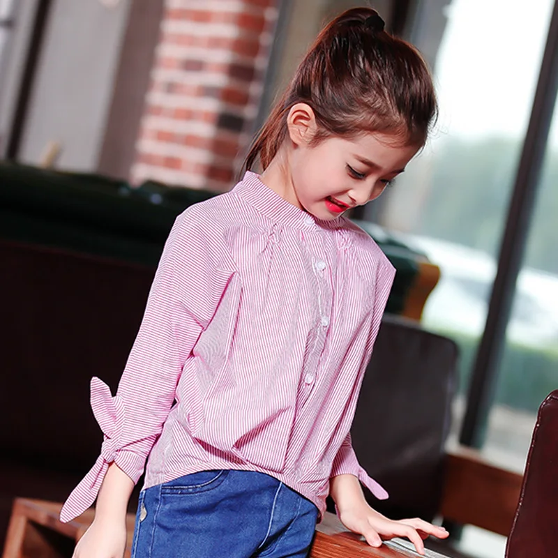 Школьные блузки для девочек, Весенняя хлопковая блузка для девочек, детская белая блузка в полоску, модный, с длинными рукавами, повседневные рубашки с круглым вырезом - Цвет: Розовый