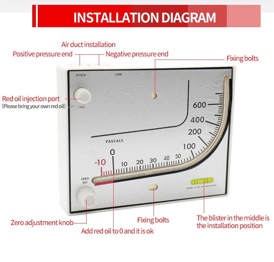 Chili oil pressure meter square TEA700 Chili oil tube differential pressure gauge A1-700PA red oil Differential Pressure