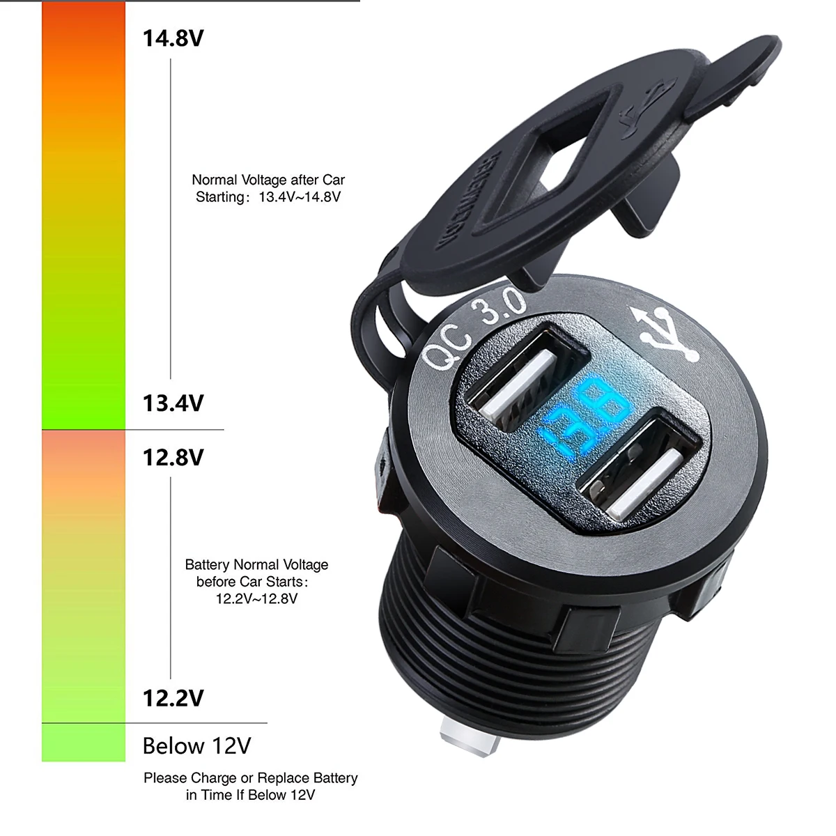 Dual USB Car Charger Cigarette Lighter Socket QC 3.0 Power Outlet Charger With Digital Display For 12/24V Vehicles Motorcycle