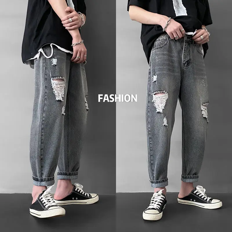 

Ripped Jeans Men's Fashion Washed Casual Retro Straight Jeans Men Streetwear Wild Loose Hip Hop RHole Denim Pants Mens M-2XL