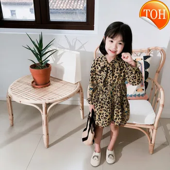 

Girls Dresses 2020 New Children's Wear Girls Fashion Chiffon Long-Sleeved Leopard Line Leading Pleated Dress