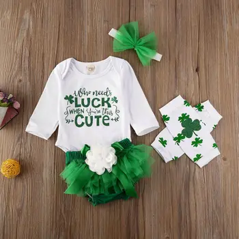 

Toddler Baby Boy Girl Set Kids Festival Costumes Tops Pattern Romper Jumpsuit Flower Green Tulle Skirt+ Warm Legging + Headband