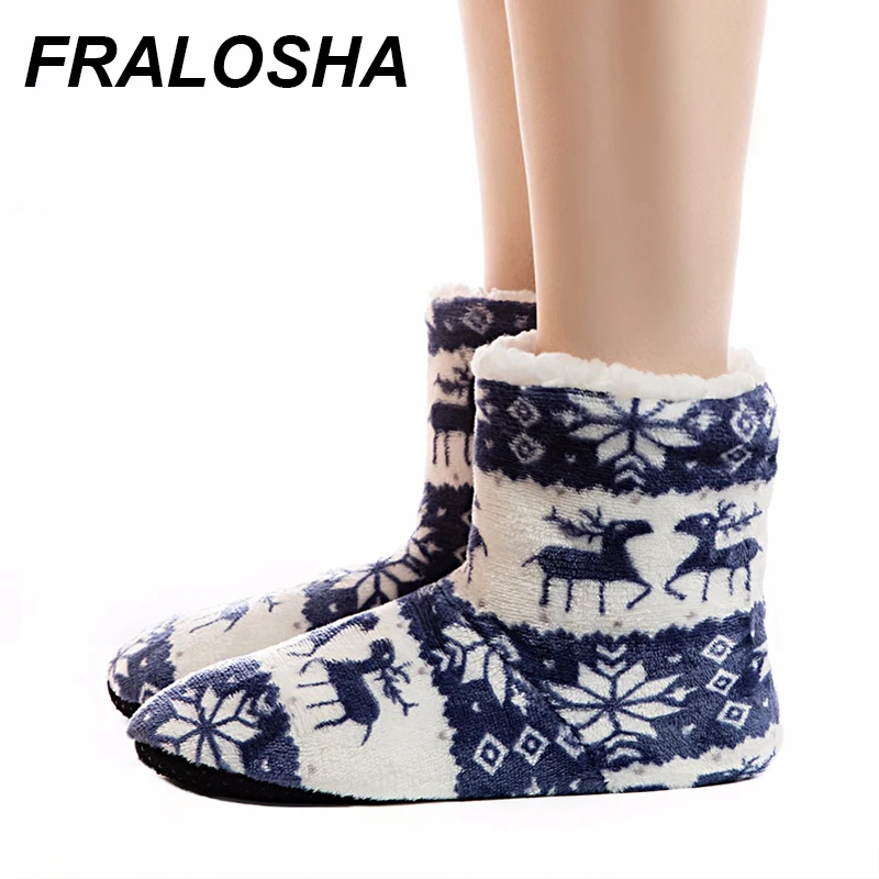 FRALOSHA/Милая домашняя обувь из хлопка с рисунком оленя; зимние теплые домашние тапочки со снежинками