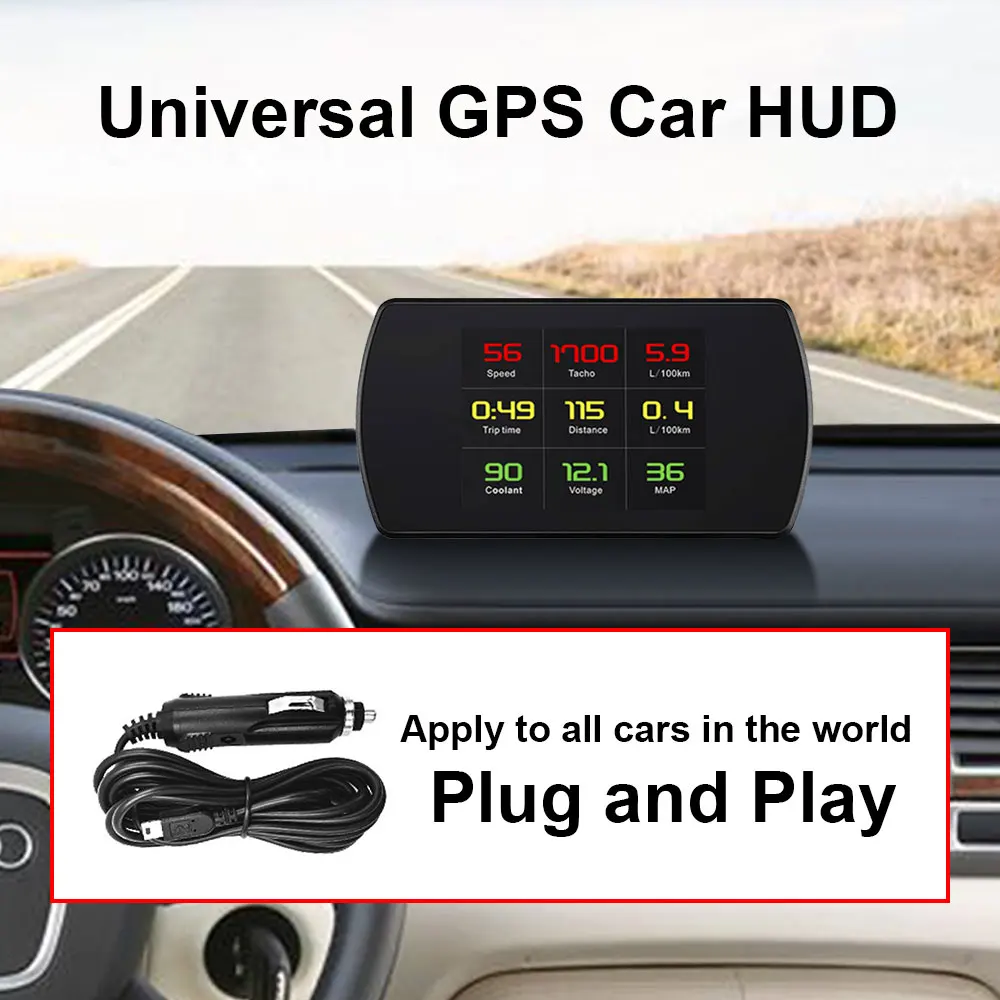 Universal Car HUD Head Up Display Digital GPS//OBD2 Speedometer with Speedup Test Brake Test Overspeed Alarm HD LCD Display for All Vehicle OBDII Model