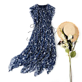 

Silk Dress Woman Summer 2020 New Round Neck Short Sleeved Floral Printed Slim Bandage Waist Irregular Dress Mid-Carf Length Blue