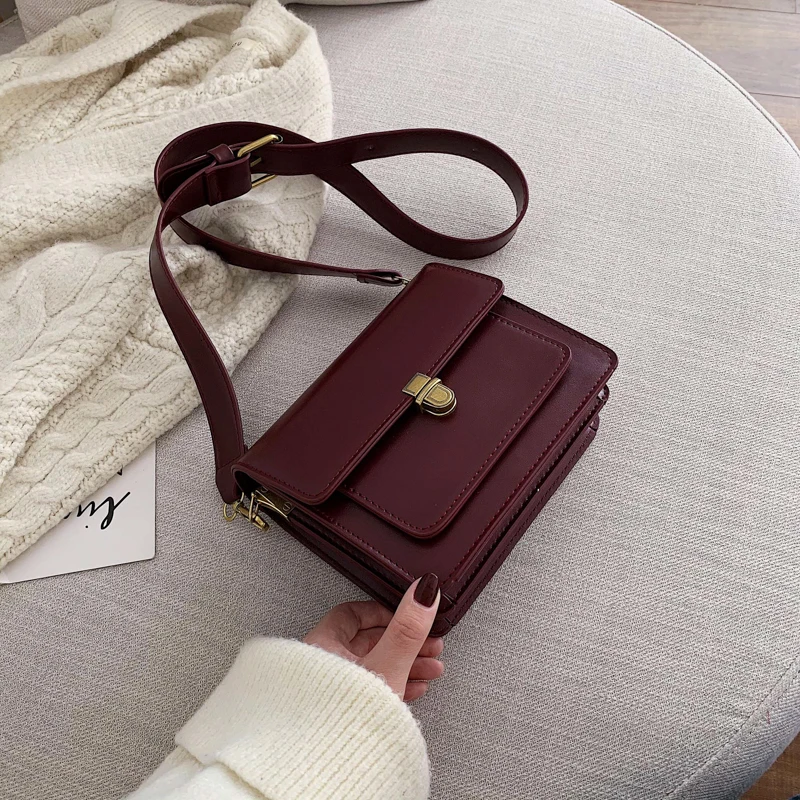 Burgundy Мини одноцветные сумки через плечо из искусственной кожи для женщин, сумка через плечо с замком, маленькая дорожная сумка и кошелек - Цвет: Burgundy