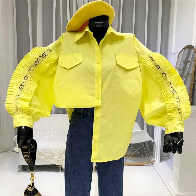 

High Street Patchwork Appliques Women Shirts Turn-down Collar Lantern Sleeve 2020 fashion spring long sleeve