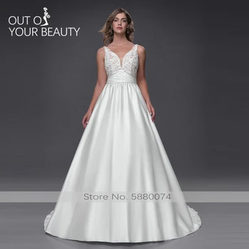 

Elegant Luxury Wedding Dress 2020 New V-neck White Soft Satin Dress 50cm Tail Nice Applique Bridal Gown Customizable Large Size