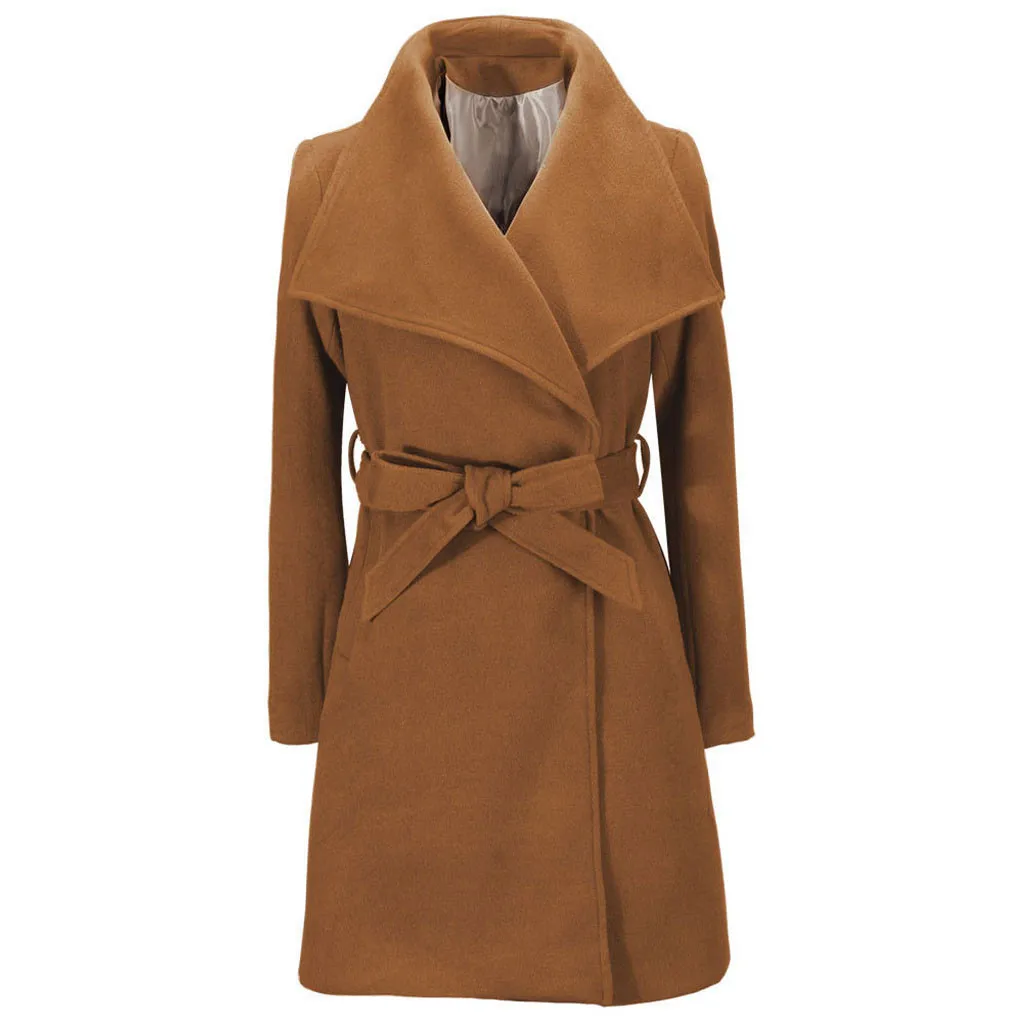 Теплое шерстяное пальто для женщин с лацканами и ремнями уличная верхняя одежда однотонные ленты элегантное женское пальто Manteau Femme