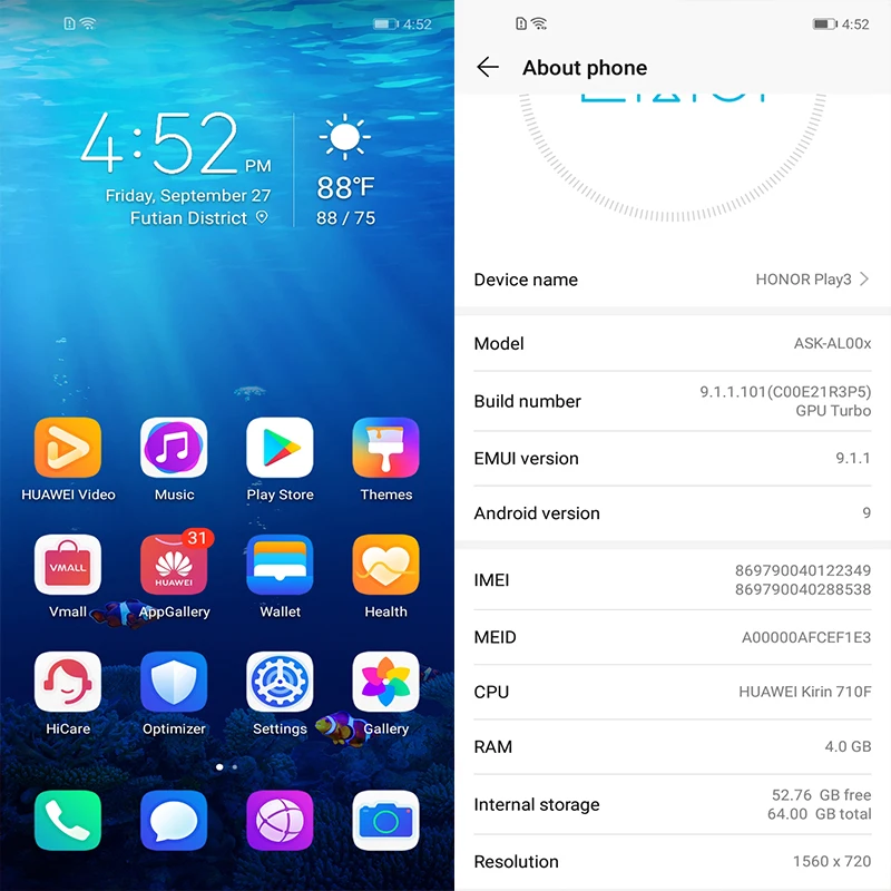  Honor play 3 Smartphone 4000mAh Battery Kirin 710F 48MP camera Android 9.0 6.39