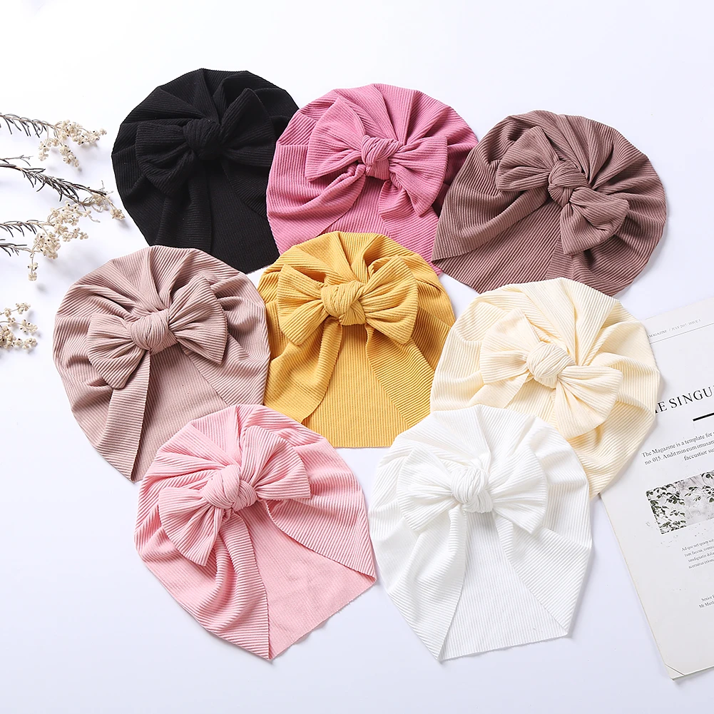 Solid Ribbed Bunny Knot Turban Hats for Baby Boys Girls Beanies Striped Thin Elastic Caps Bonnet Newborn Toddler 0-4T Headwraps baby accessories