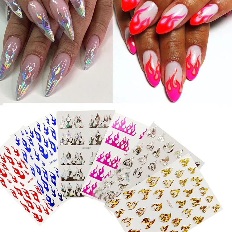 

Flame Nails Holographic Nail Decal Fire Burning Nail Art Self Adhesive Stickers Mixed Style Set of 5