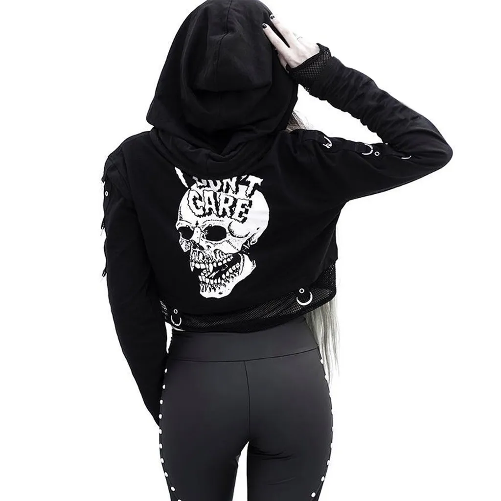 

Fashion Sweatshirt Women Hoodies Gothic Punk Casual letter skull Print Loose Long Sleeve Dark Style Crop Hooded Tops moletom new