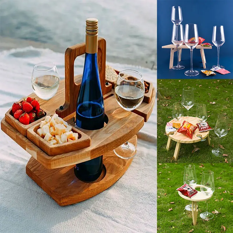 brown Garden Party Lawn Wine Glass Rack Cheese Board Nuaueaw Outdoor Folding Wine Table Easy To Carry Concert Cocktail Beach Camping Round Wooden Picnic Table for Backyard Entertainment 