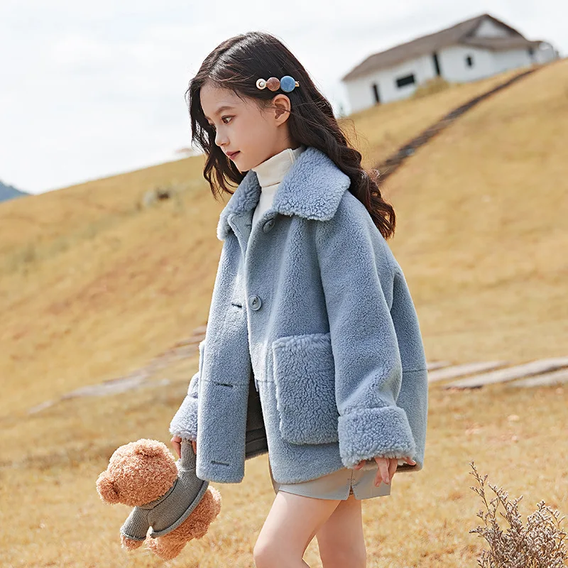 Meisjes lamsvacht Bovenkleding 2019 Koreaanse versie van de winter kinderen baby dikke pluche Single-breasted jas 4-15Y Meisjes lamsvacht Bovenkleding 2019 Koreaanse versie van de winter kinderen baby dikke pluche Single-breasted jas 4-15Y