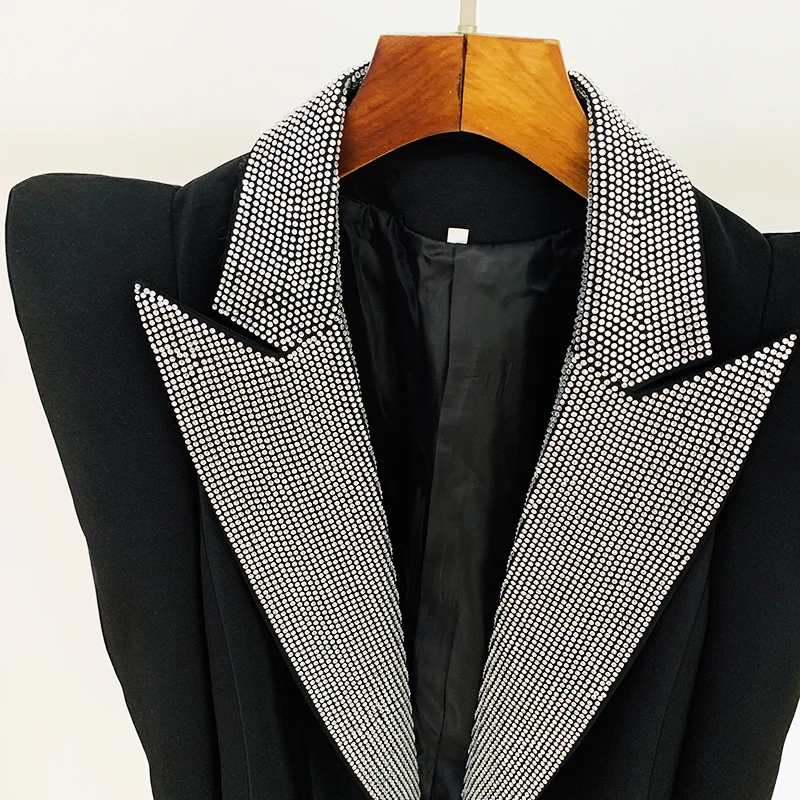 Moda Jacket Mulheres Elegante Peak Ombro Strass Diamantes Frisado Blazer