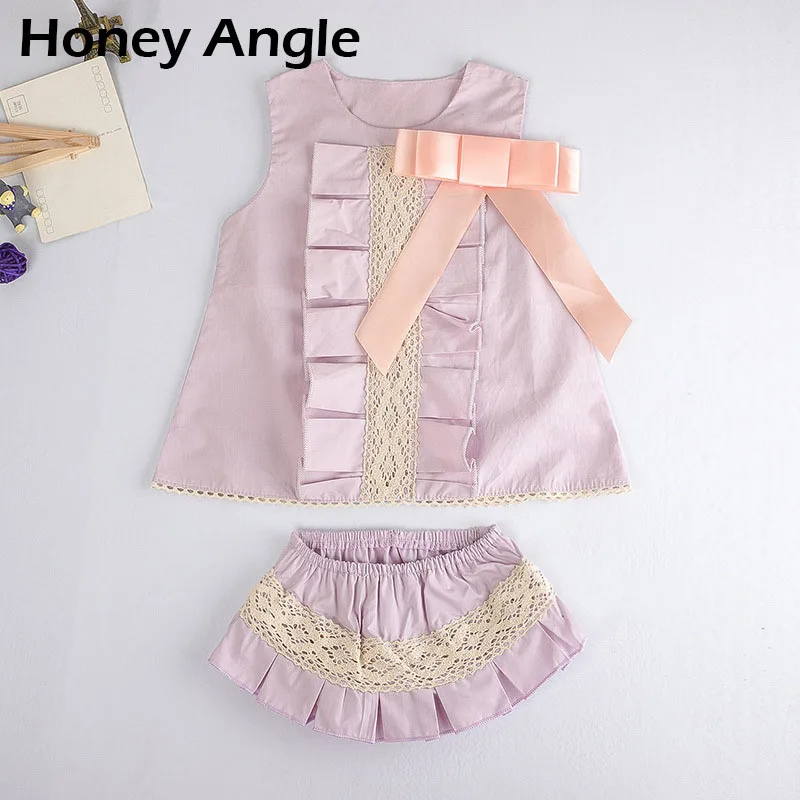 Honey Angle Toddler Baby Clothing Set For Girg Big Bow Shirt With Short Pants Lace Elegant Infant 2pcs Outfits Kids Clothes