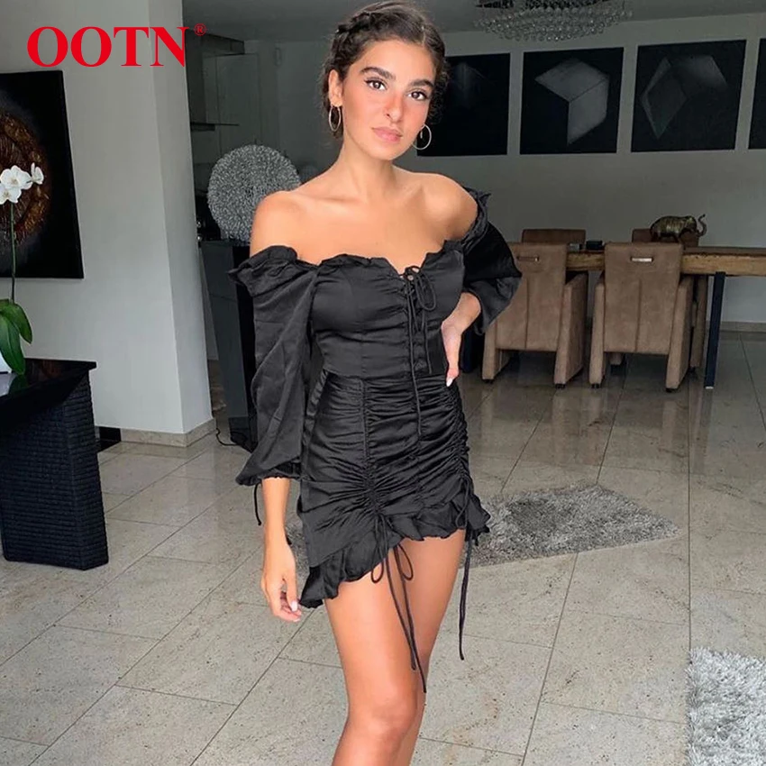 OOTN Sexy Satin Off Shoulder Ruffle Dress Drawstring Frill Ruched Mini Dress Long Sleeve Women Black Dresses Ladies Elegant 2019 OOTN Sexy Satin Off Shoulder Ruffle Dress Drawstring Frill Ruched Mini Dress Long Sleeve Women Black Dresses Ladies Elegant 2019