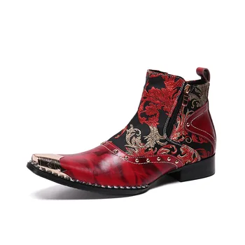 

Martin Boots Men's Low Top Tooling Men's Shoes Tide Shoes Genuine Cow Leather Pointed Toe Ankle Full Grain Leather Zip Snow Red