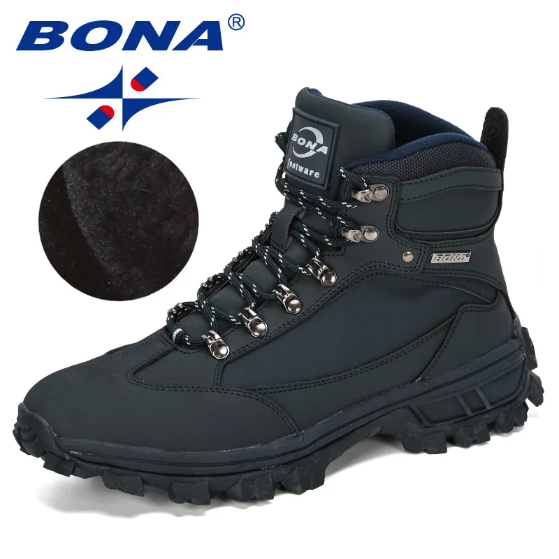 Deep blue S gray BONA/Новинка года; дизайнерские зимние ботинки; мужские повседневные рабочие ботильоны из коровьей кожи; удобная мужская плюшевая обувь; модная обувь - Цвет: Deep blue S gray