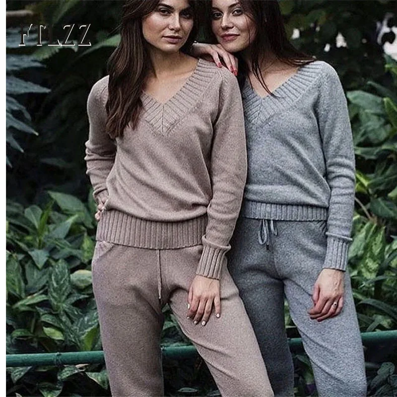 

Fashion Women Solid Knitting Casual Two Piece Set Autumn Winter 2019 New Ladies Knitted V-collar Sweater+long Pant Outfit