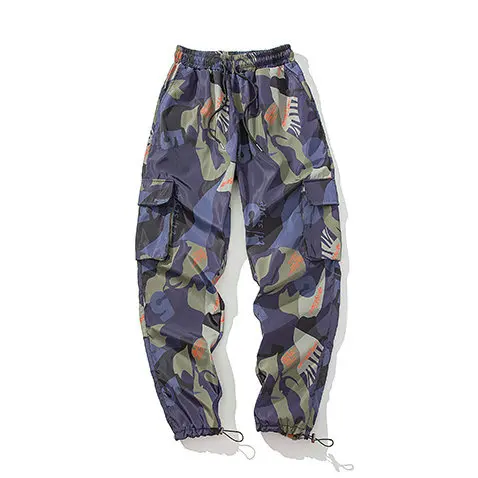 Синий Camouflage Men Streetwear Pants Harajuku Casual Cargo Pants Man Printed Multi-Pockets Hip Hop Elastic Trousers Pantalon Homme - Цвет: Синий