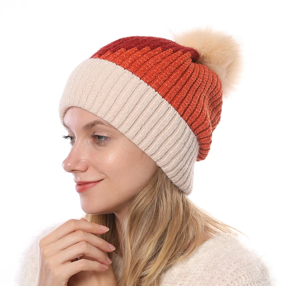 Рождественская цветная женская теплая мягкая зимняя вязаная шапка с помпоном, шапка с манжетой, украшение для праздника