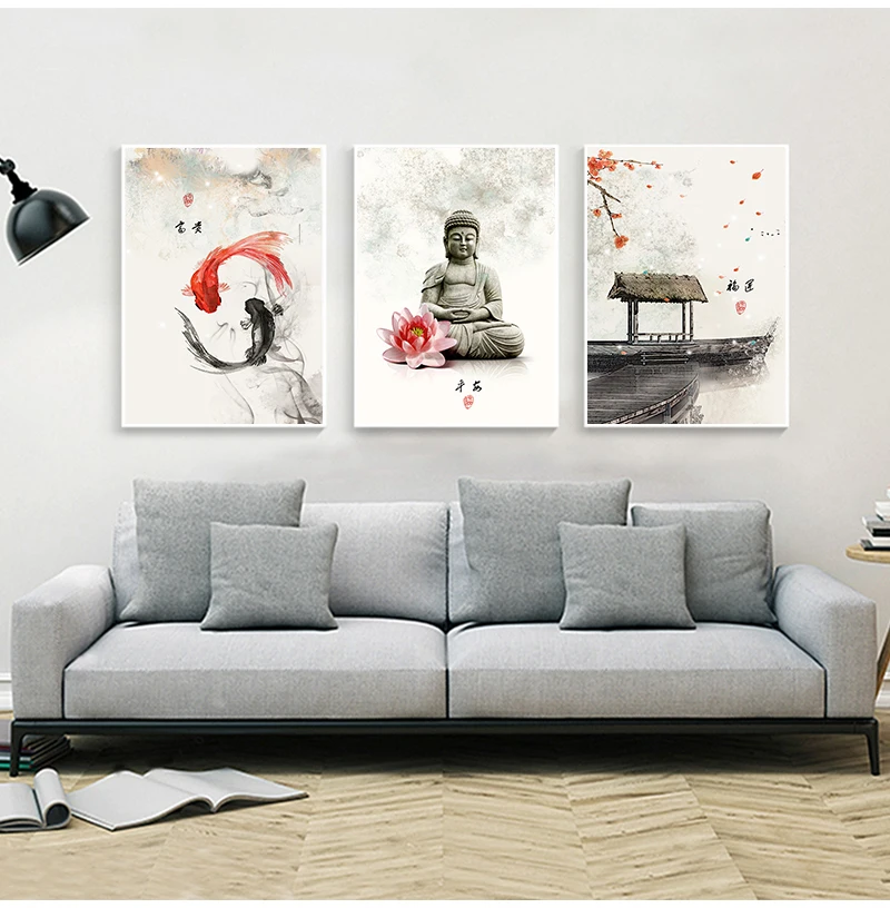 New Chinese ink Flowers Buddha Wall Art Print Picture Canvas Painting Poster for Living Room No Framed